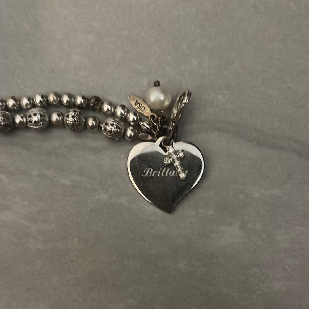 Engraved Bracelet with Heart Charm and Cross - Picture 2 of 6
